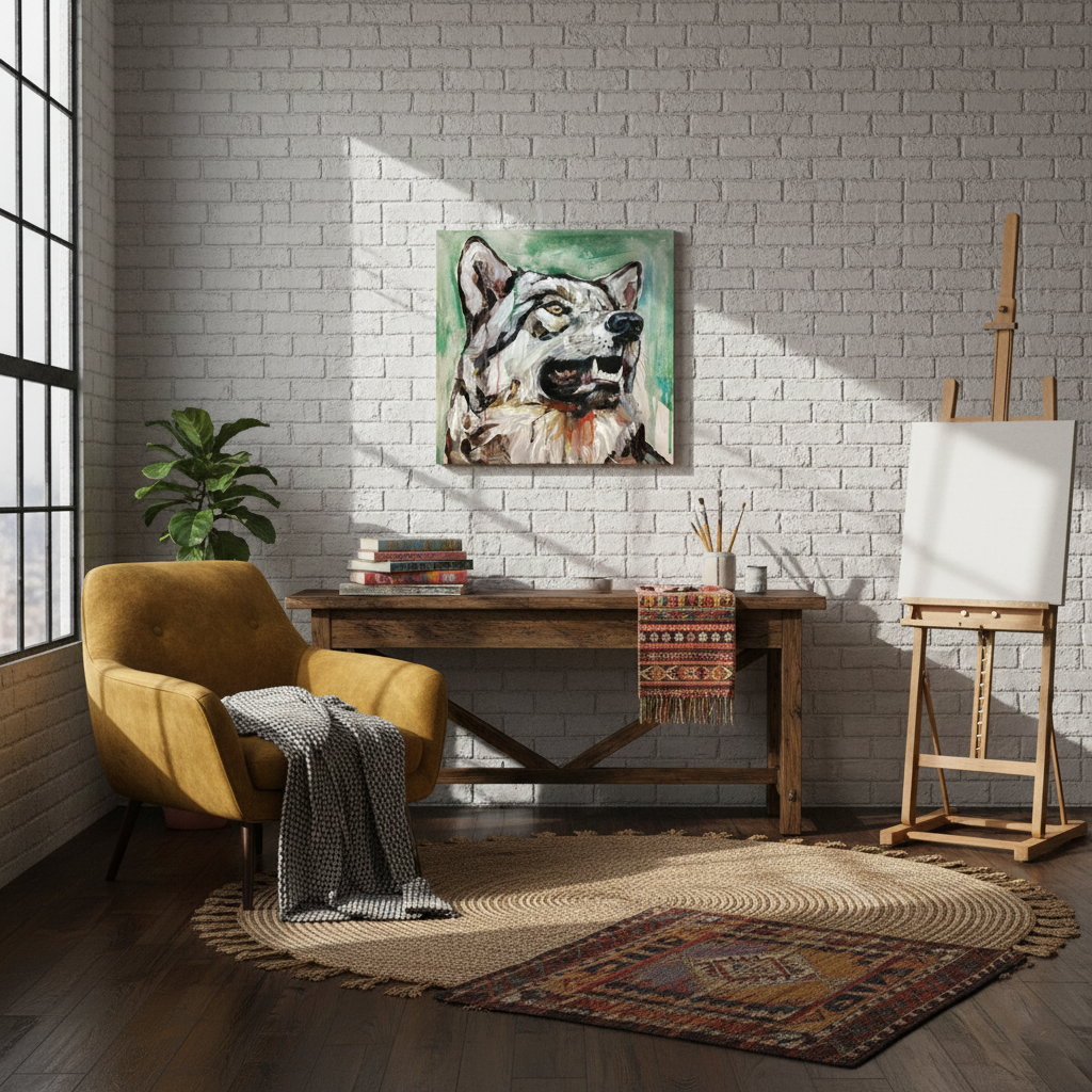 Acrylbild Wolf lächelt über rustikalem Holztisch im Atelier vor weißer Backsteinwand.