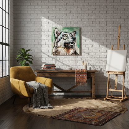 Acrylbild Wolf lächelt über rustikalem Holztisch im Atelier vor weißer Backsteinwand.