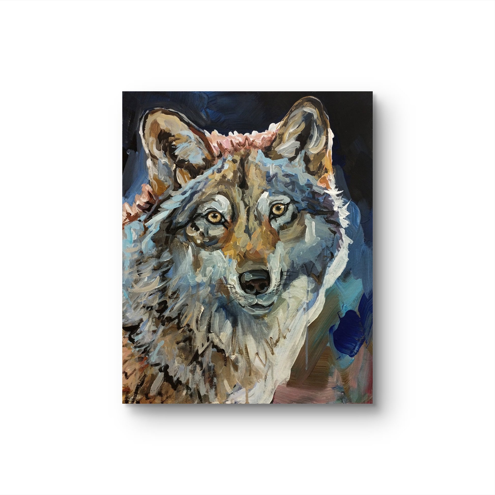 Acrylgemälde Wolf Porträt, expressive Malweise mit blauen und braunen pastosen Pinselstrichen auf Leinwand.