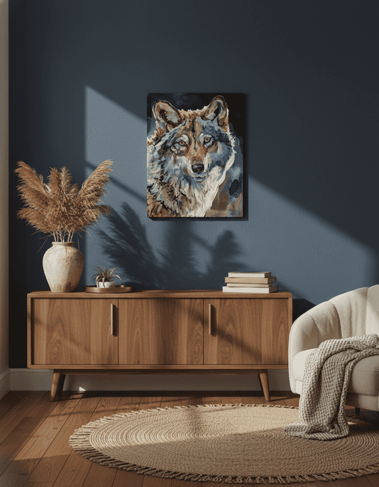 Acrylgemälde Wolf Porträt über Sideboard aus Walnussholz vor dunkelblauer Wand im modernen Wohnzimmer.