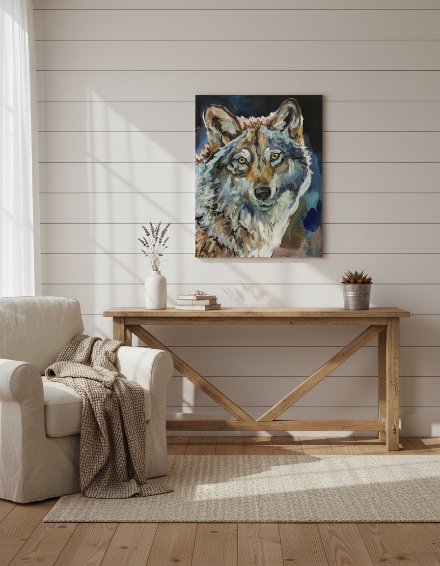 Handgemaltes Wolf Porträt über hellem Holztisch vor weißer Shiplap-Wand im skandinavischen Stil.