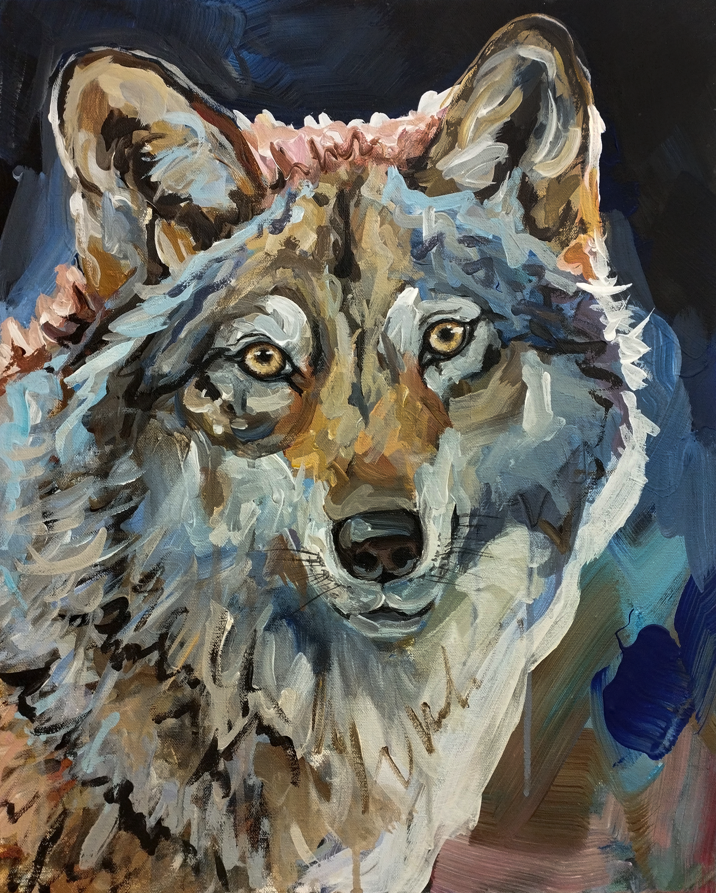 Detailaufnahme: Wolf Porträt in Acryl, pastose Pinselstriche zeigen Textur und expressive Farbgebung.