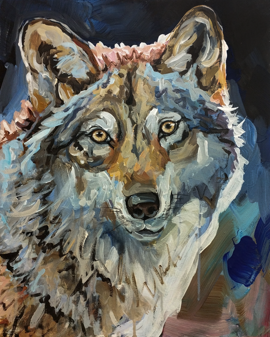 Detailaufnahme: Wolf Porträt in Acryl, pastose Pinselstriche zeigen Textur und expressive Farbgebung.