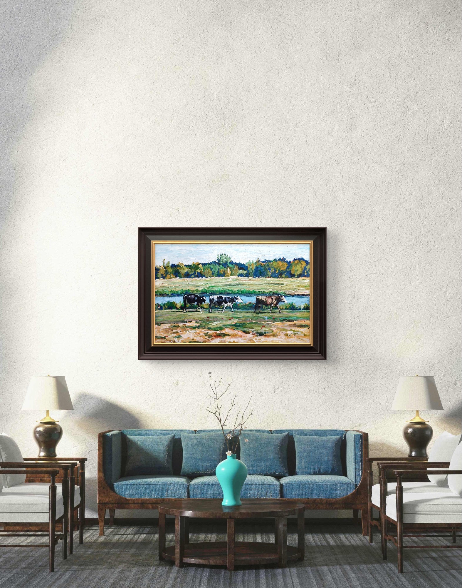 Heinz Acrylbild Acrylgemälde auf Leinwand - „Am Fluss der Kühe – Ein Sommertag“ 95 x 60 cm