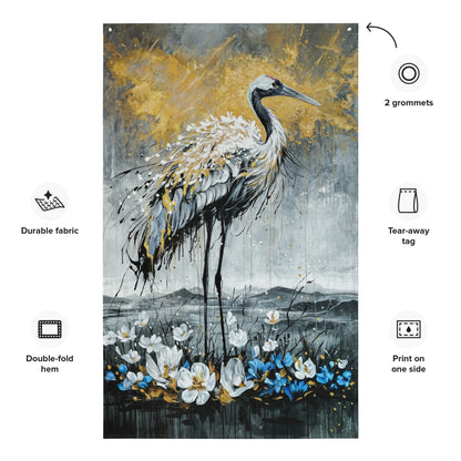 Kunstflagge mit Kranichmotiv, moderne zeitgenössische Kunst als Fahne für Wand und Raum
