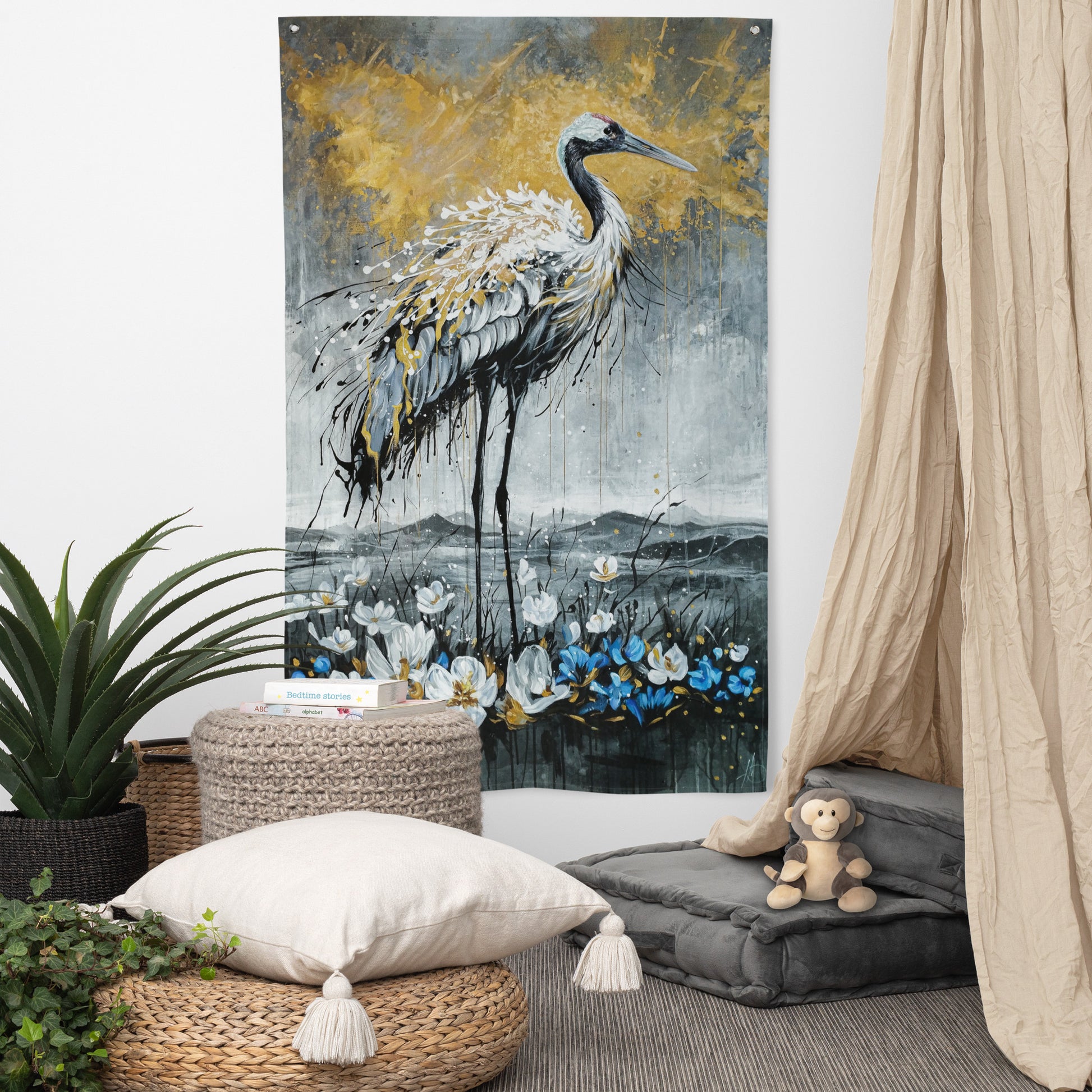 Moderne Kunstflagge mit Kranichmotiv, zeitgenössische abstrakte Kunst als Fahne für Wanddekoration