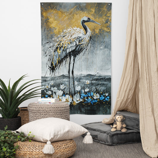 Moderne Kunstflagge mit Kranichmotiv, zeitgenössische abstrakte Kunst als Fahne für Wanddekoration