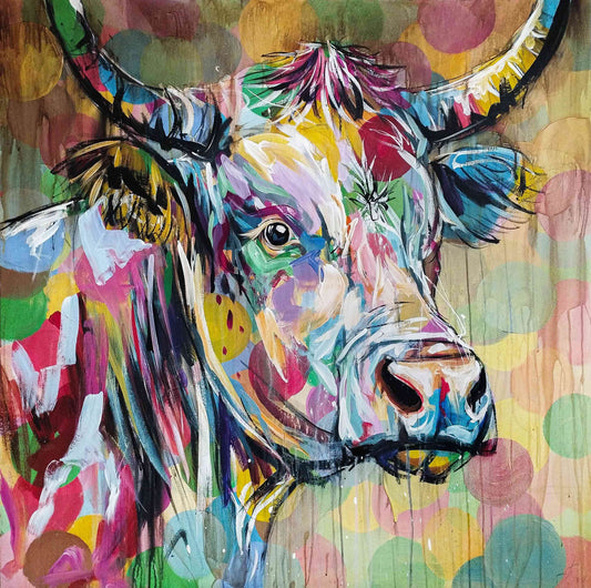 Gemälde bunte Kuh – handgemaltes Original Acrylbild (120 x 120 cm)
