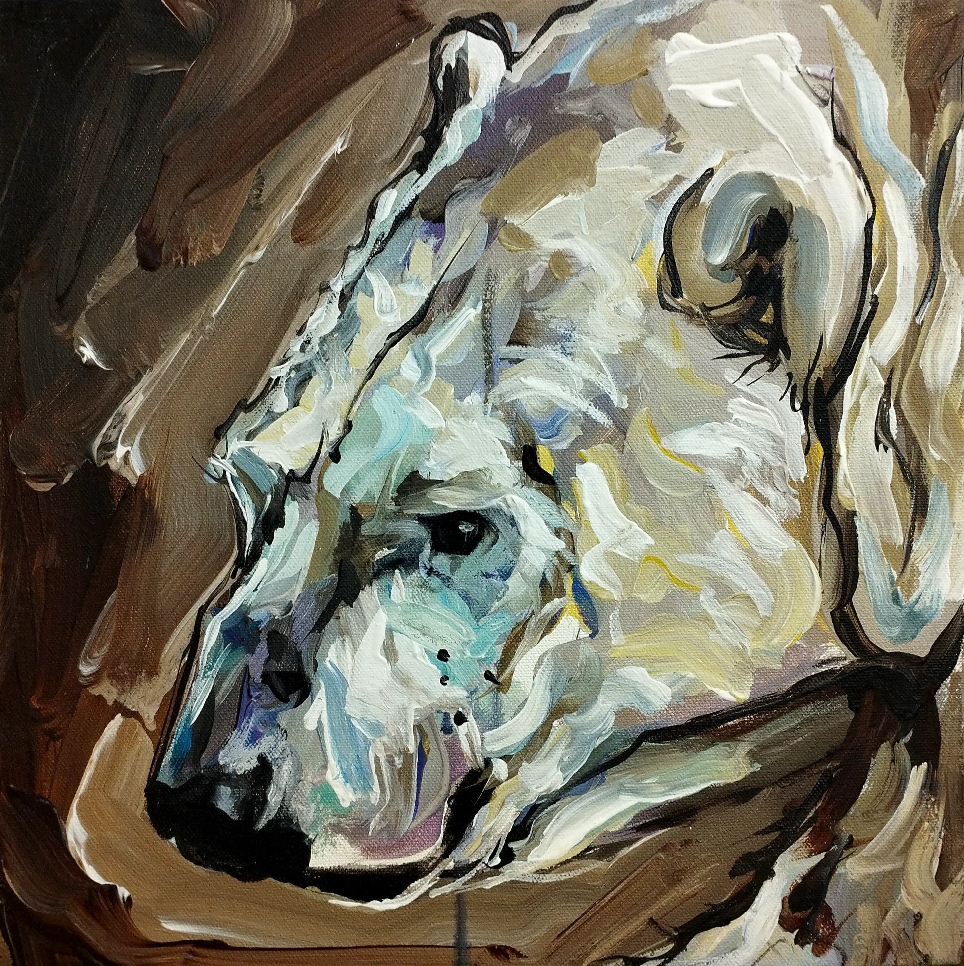 Acrylgemälde Eisbär, expressive Malweise mit pastosen Pinselstrichen vor braunem Hintergrund.