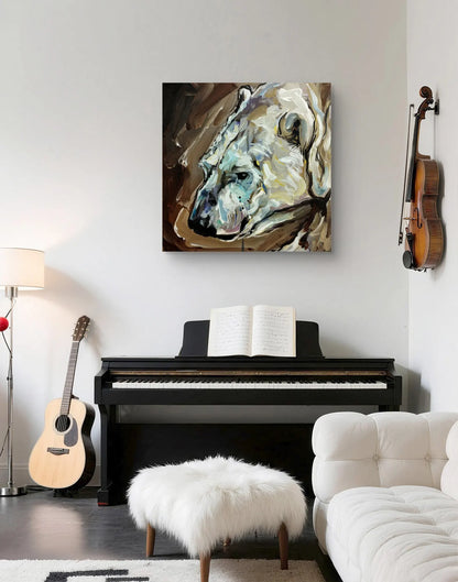 Acrylgemälde Eisbär, expressiv, über schwarzem Klavier im hellen Musikzimmer.