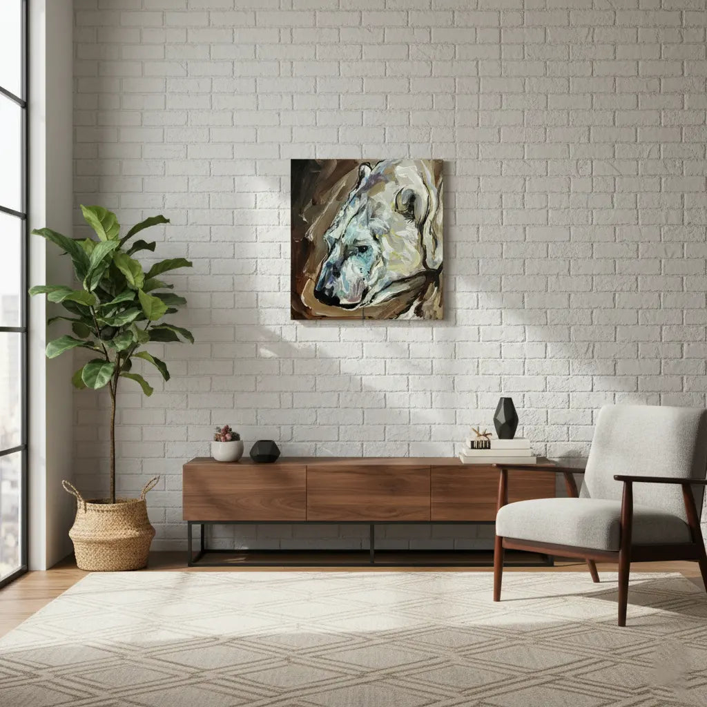 Acrylgemälde Eisbär über niedrigem Holz-Sideboard, im minimalistischen Wohnzimmer.