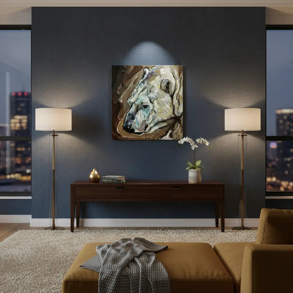 Acrylgemälde Eisbär, expressiv, über dunkler Kommode im stilvollen Wohnzimmer bei Nacht.