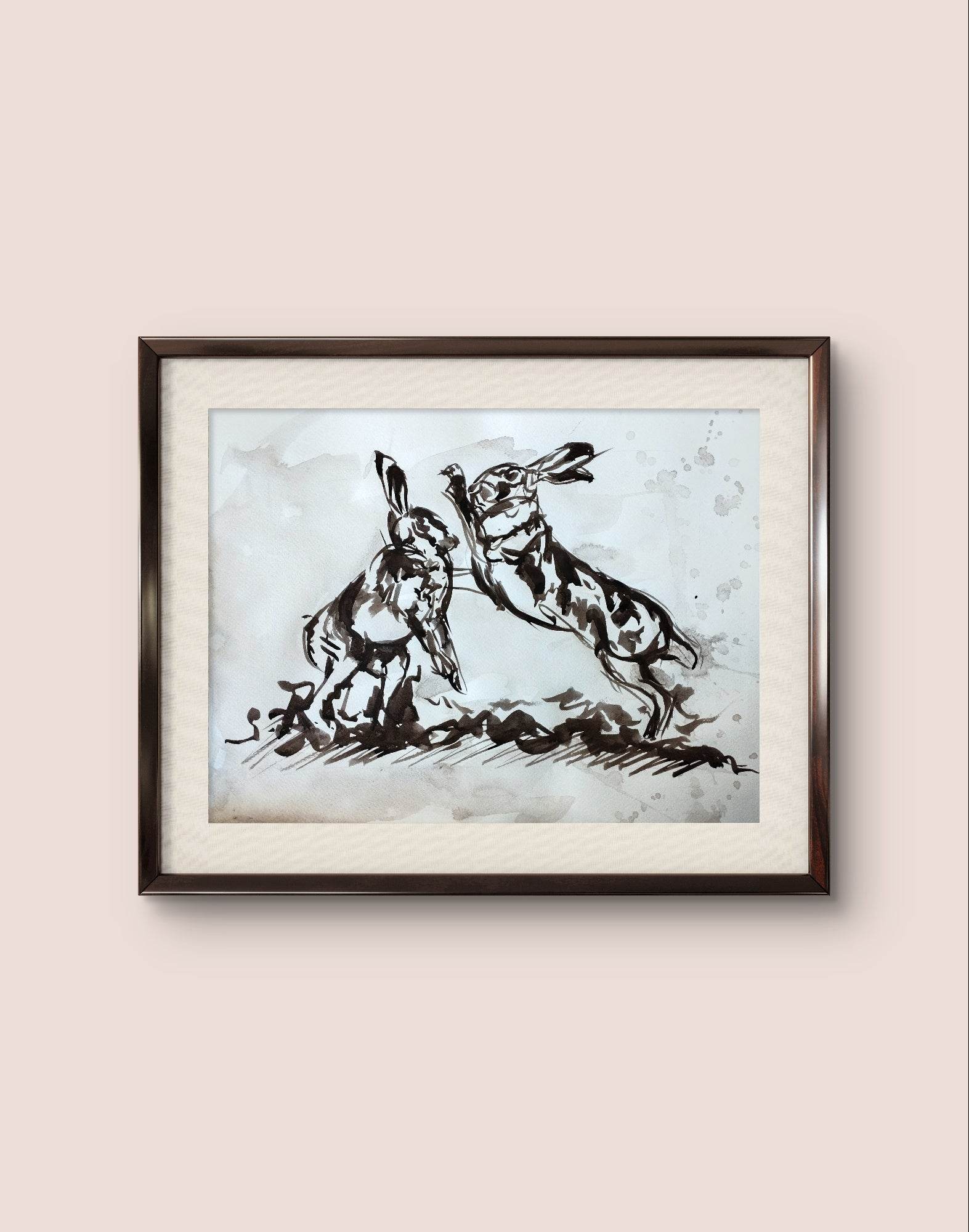 Aquarellbild „Hasen im Streit“ – Handgemaltes Tiermotiv (30 × 40 cm)