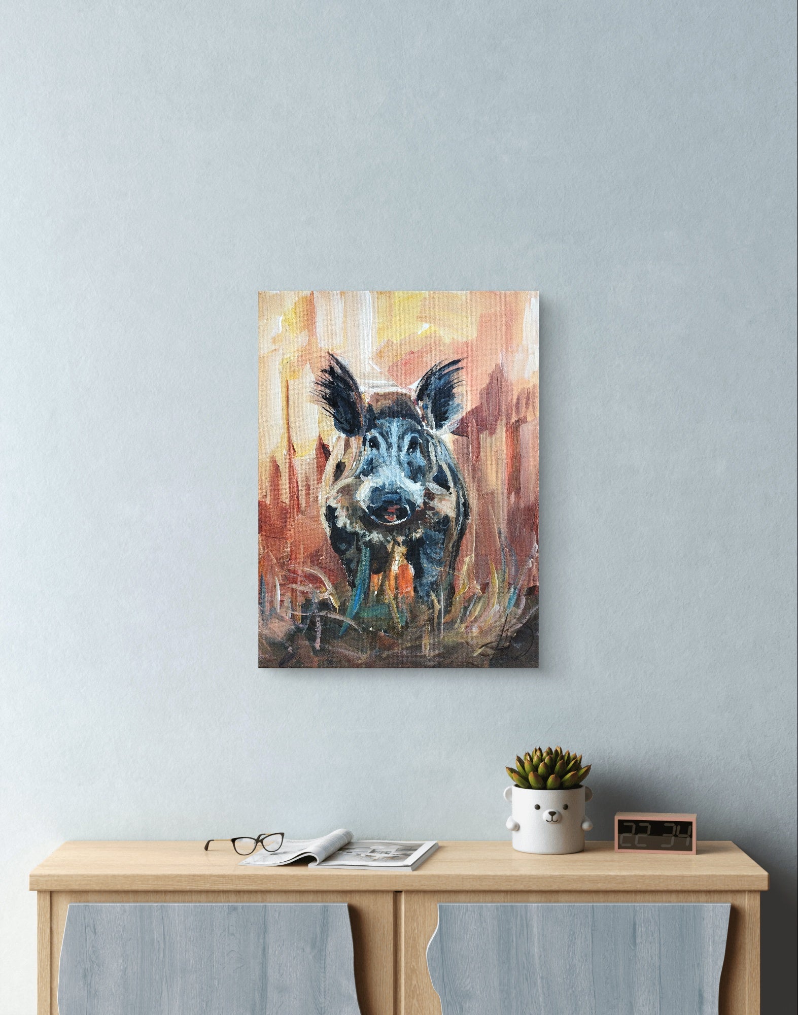 Heinz Acrylbild Gemälde „Wildschwein im Morgenlicht“ 30 x 40 cm