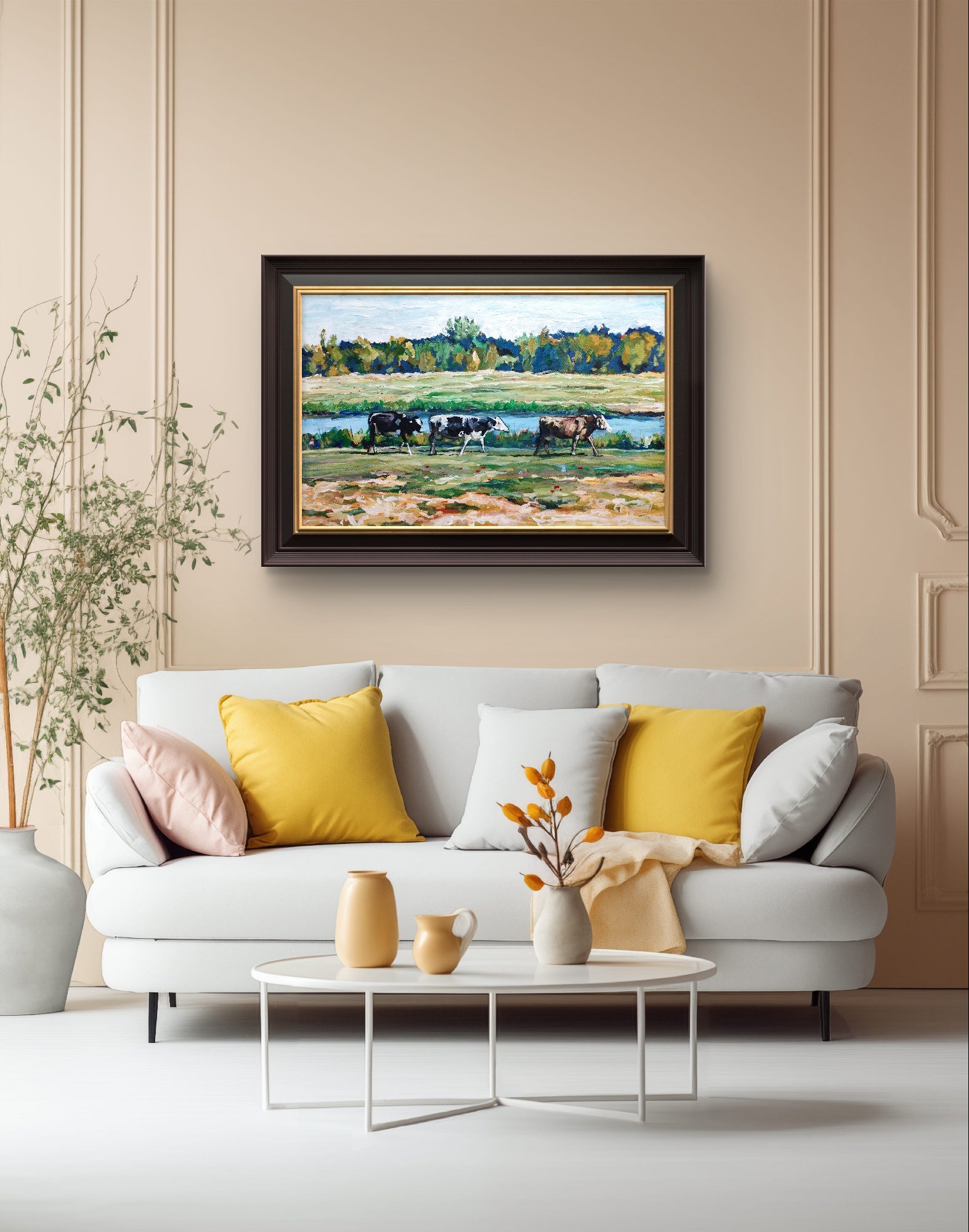 Heinz Acrylbild Acrylgemälde auf Leinwand - „Am Fluss der Kühe – Ein Sommertag“ 95 x 60 cm