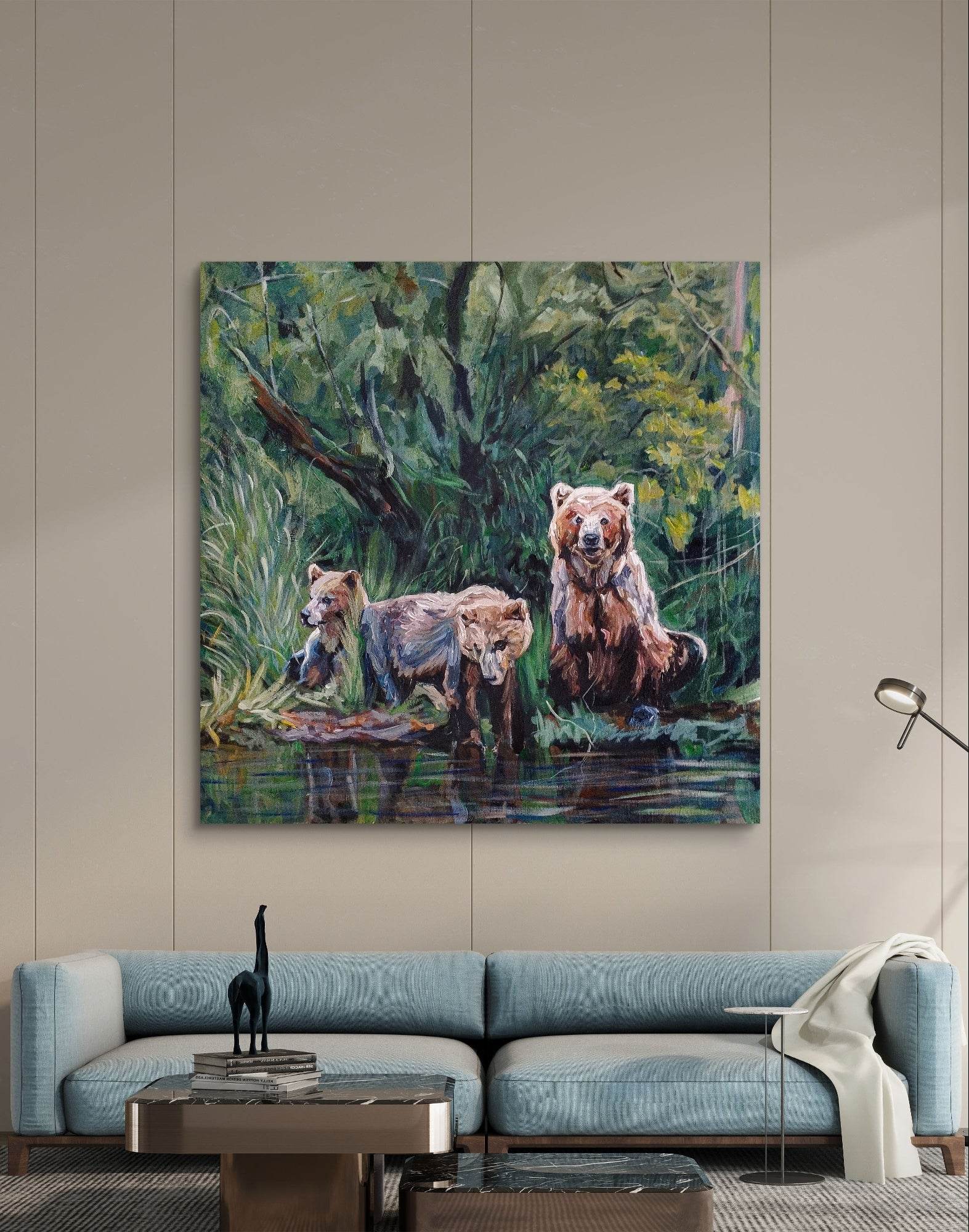 Gemälde Drei Bären im Wald – handgemaltes Original Acrylbild (100 x 100 cm) - H1Z Art