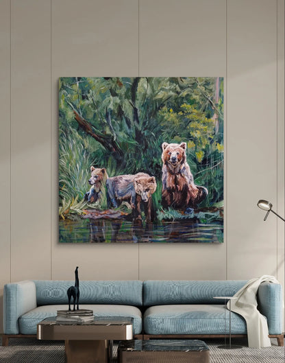 Painting Three Bears in the Forest – hand-painted original acrylic painting (100 x 100 cm)