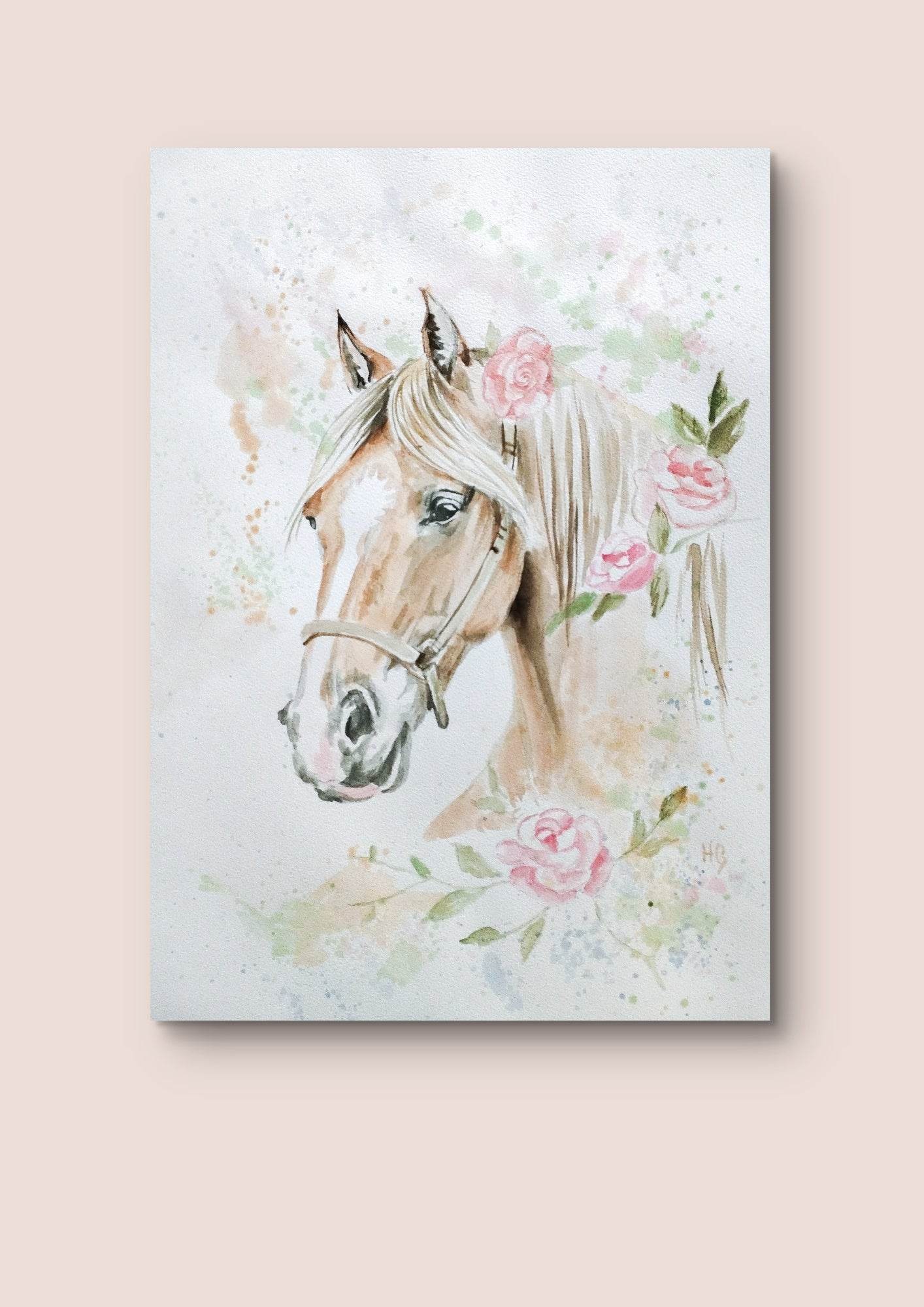 Aquarellbild Pferd mit Blumen (30 × 40 cm) - H1Z Art