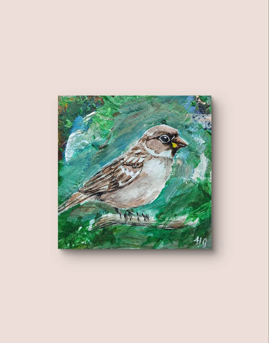 Wandbild Sperling Acryl auf Leinwand (10 x 10 cm) - H1Z Art – Zeitgenössische Kunst aus Leipzig