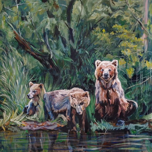 Painting Three Bears in the Forest – hand-painted original acrylic painting (100 x 100 cm)