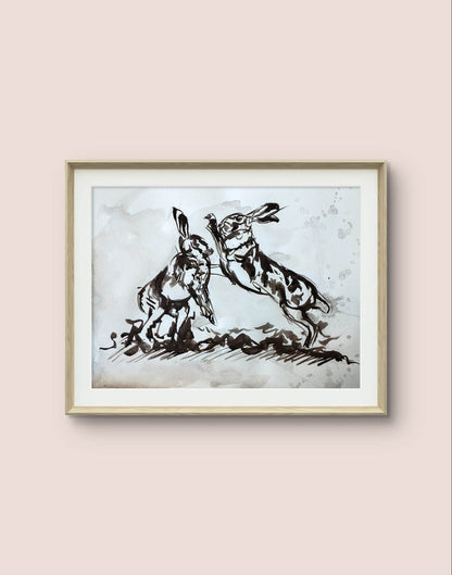 Aquarellbild „Hasen im Streit“ – Handgemaltes Tiermotiv (30 × 40 cm)