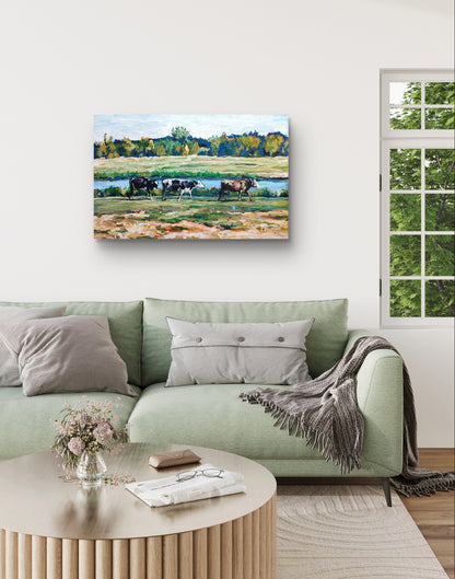 Heinz Acrylbild Acrylgemälde auf Leinwand - „Am Fluss der Kühe – Ein Sommertag“ 95 x 60 cm