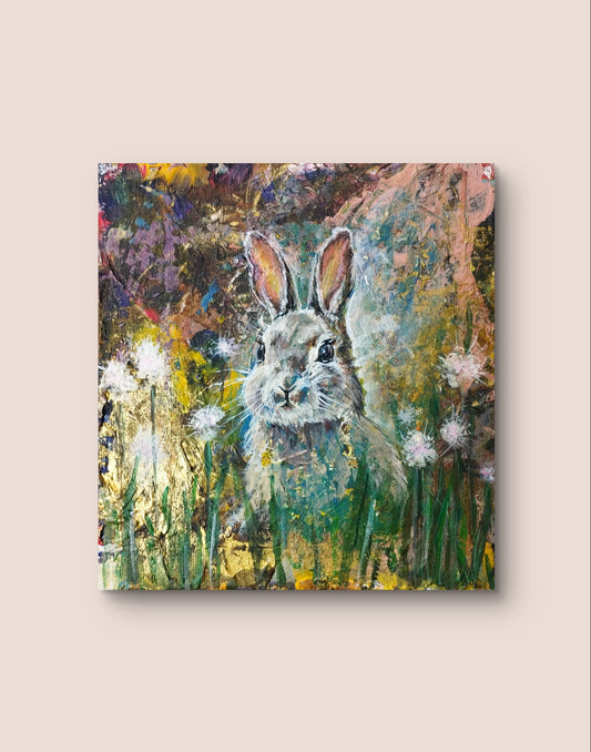 Heinz Acrylbild Acrylgemälde auf Leinwand - "Kleiner Hase in Ruh" 20 x 20 cm