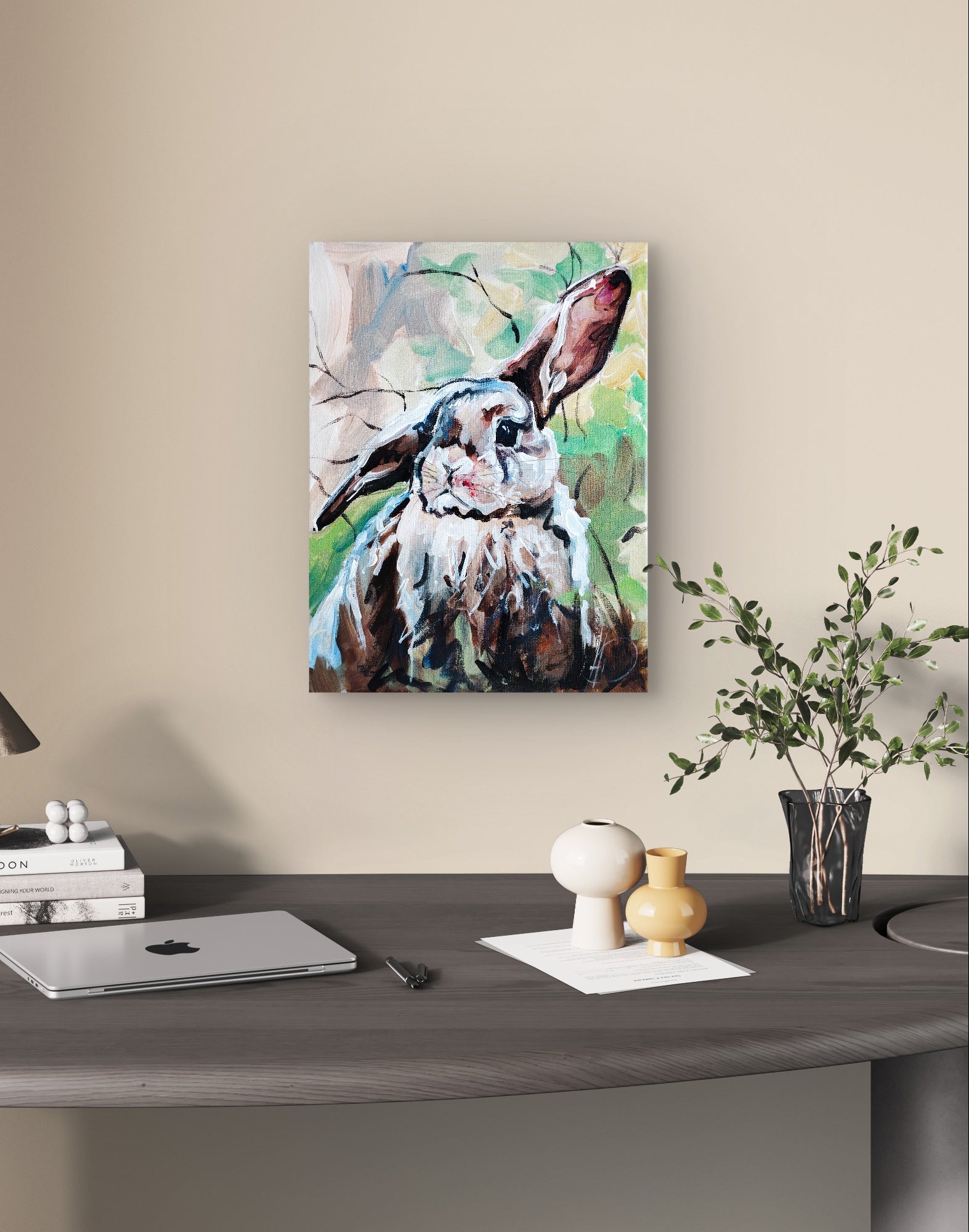 Heinz Acrylbild Acrylgemälde auf Leinwand - „Wiesensprung – Kaninchen III“ 30 x 40 cm