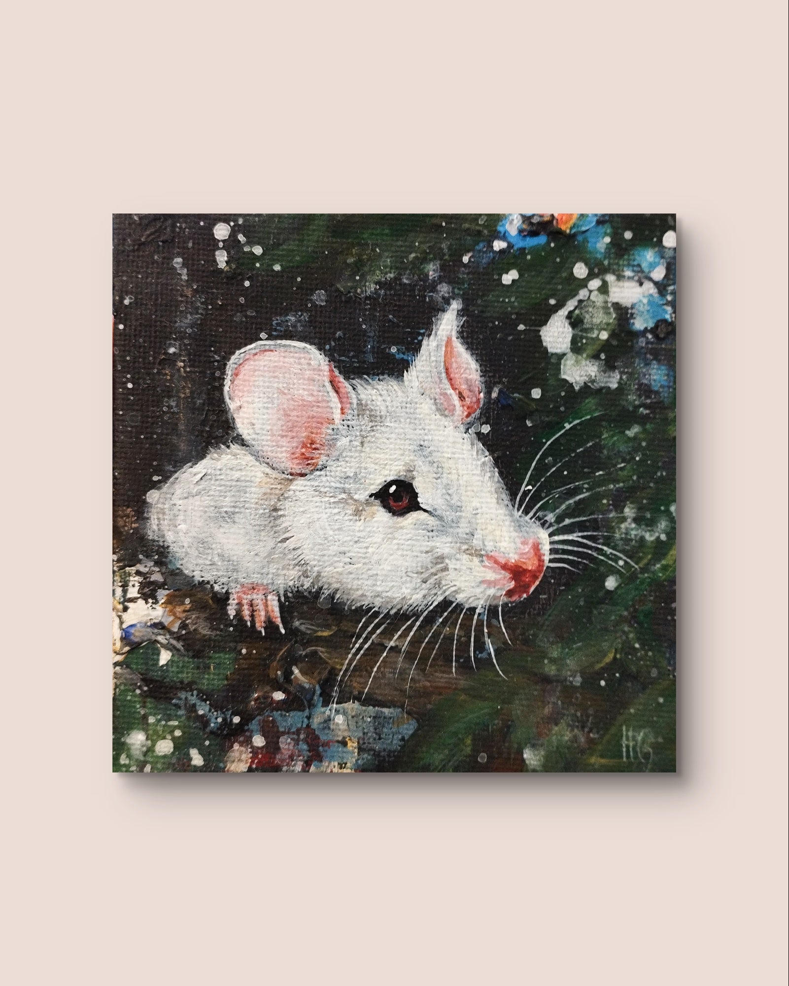Heinz Acrylbild Acrylgemälde auf Leinwand - "weiße Waldmaus" 10 x 10 cm