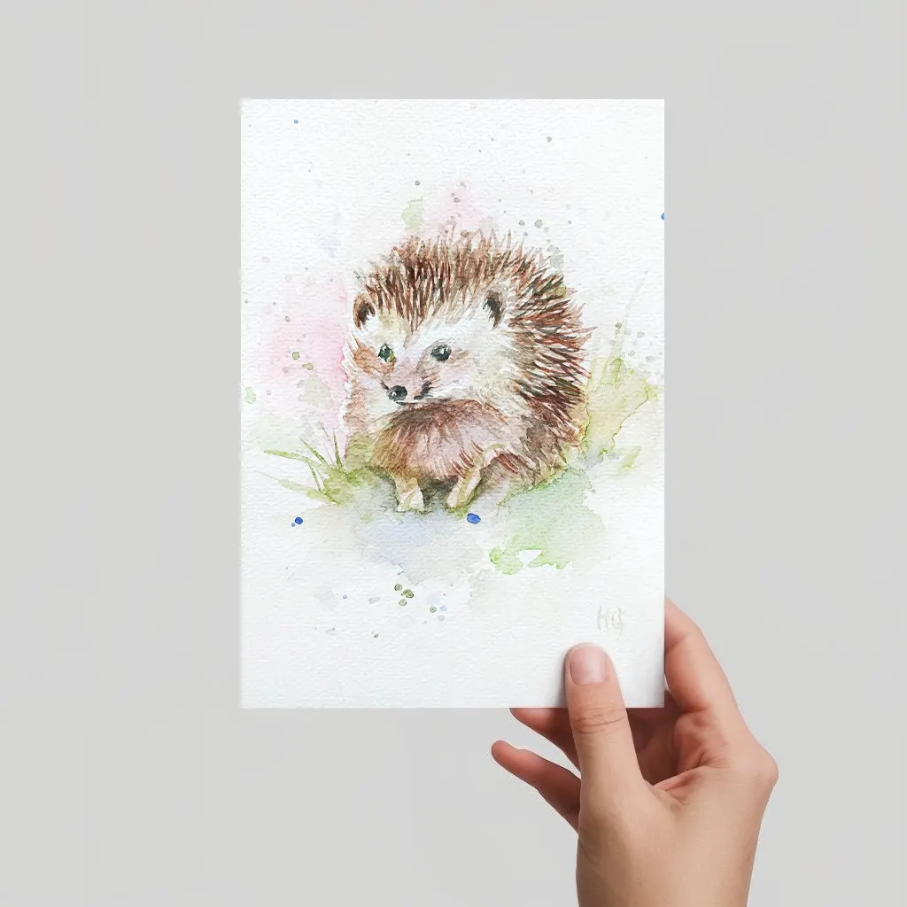 Aquarell Postkarte Igel im Gras, handgemalt, expressive Malweise mit bunten Farbspritzern.