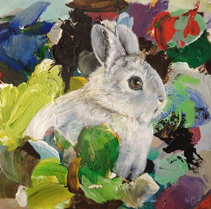 Kleines Hase Acrylbild auf Leinwand, ruhige Farben, dekoratives Tierportrait für Wohnzimmer oder Regal