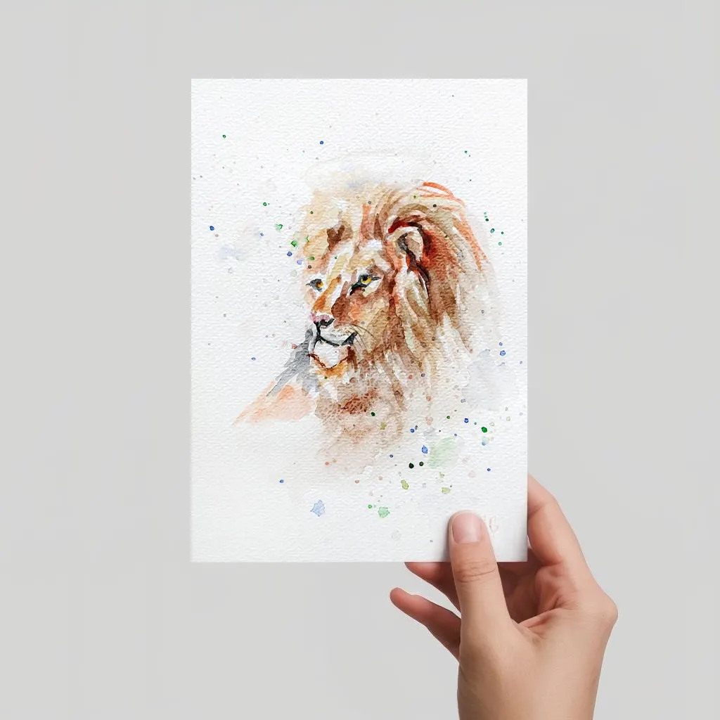 Aquarell Postkarte Löwenkopf mit brauner Mähne, handgemalt, expressive Malweise mit zarten Spritzern.