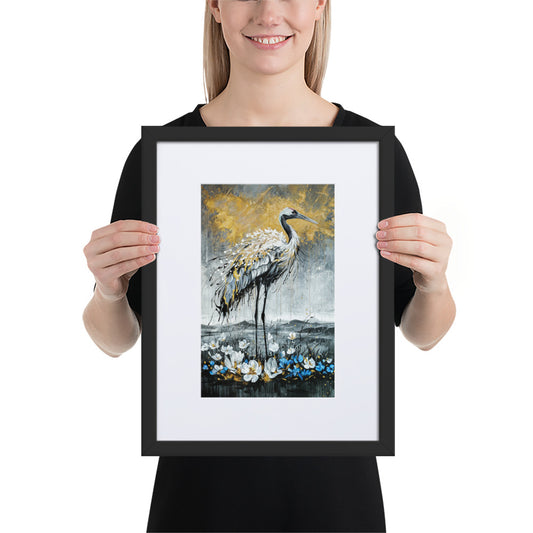 Heinz Poster Kunstdruck: Goldener Kranich – Eleganz & Harmonie im Rahmen Schwarz 30×40 cm