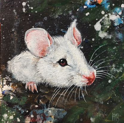 Heinz Acrylbild Acrylgemälde auf Leinwand - "weiße Waldmaus" 10 x 10 cm