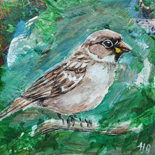 Gemälde Sperling – handgemaltes Original Acrylbild (10 x 10 cm)