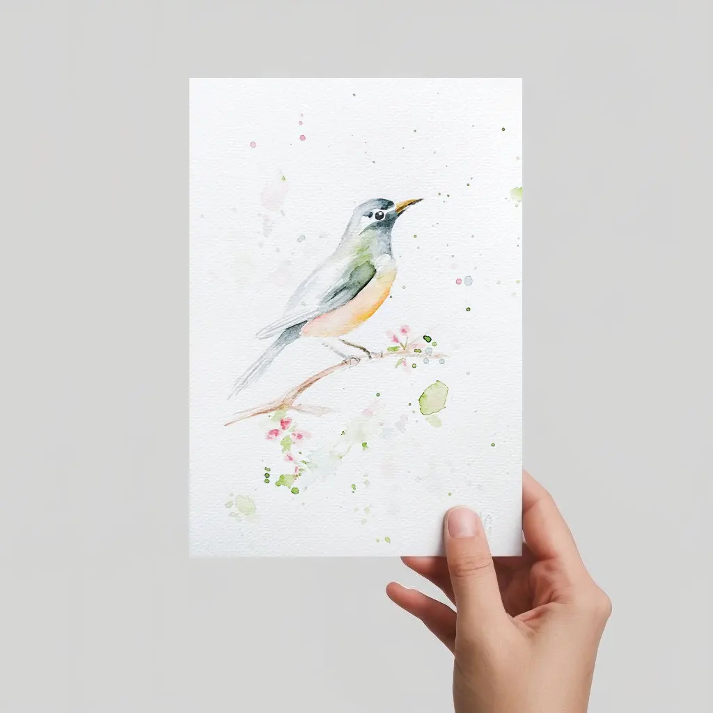 Aquarell Postkarte Singvogel mit oranger Brust auf blühendem Ast, handgemalt, expressive Malweise.