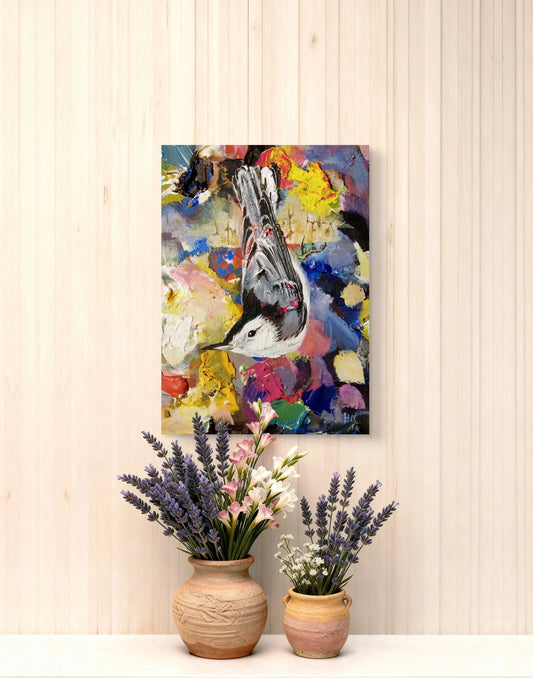 Bunter Vogel Acrylbild auf Leinwand, handgemaltes Tierportrait, farbenfrohe Wanddeko für Wohnzimmer.